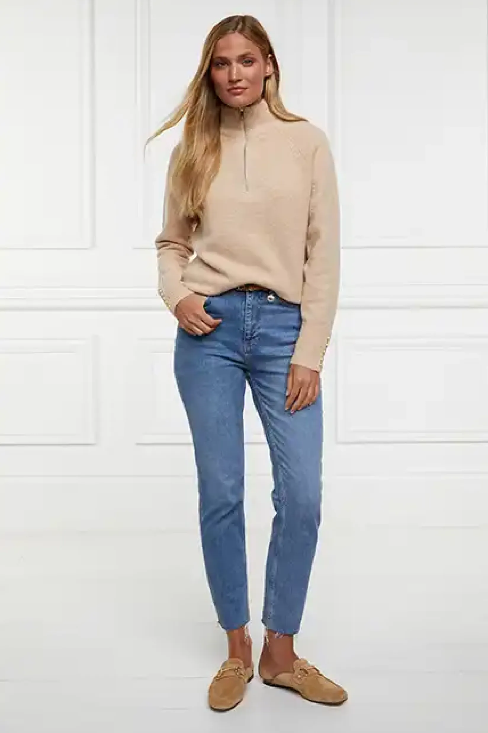 Holland Cooper Gifts For Her|Knitwear-Tori Half Zip Knit Camel