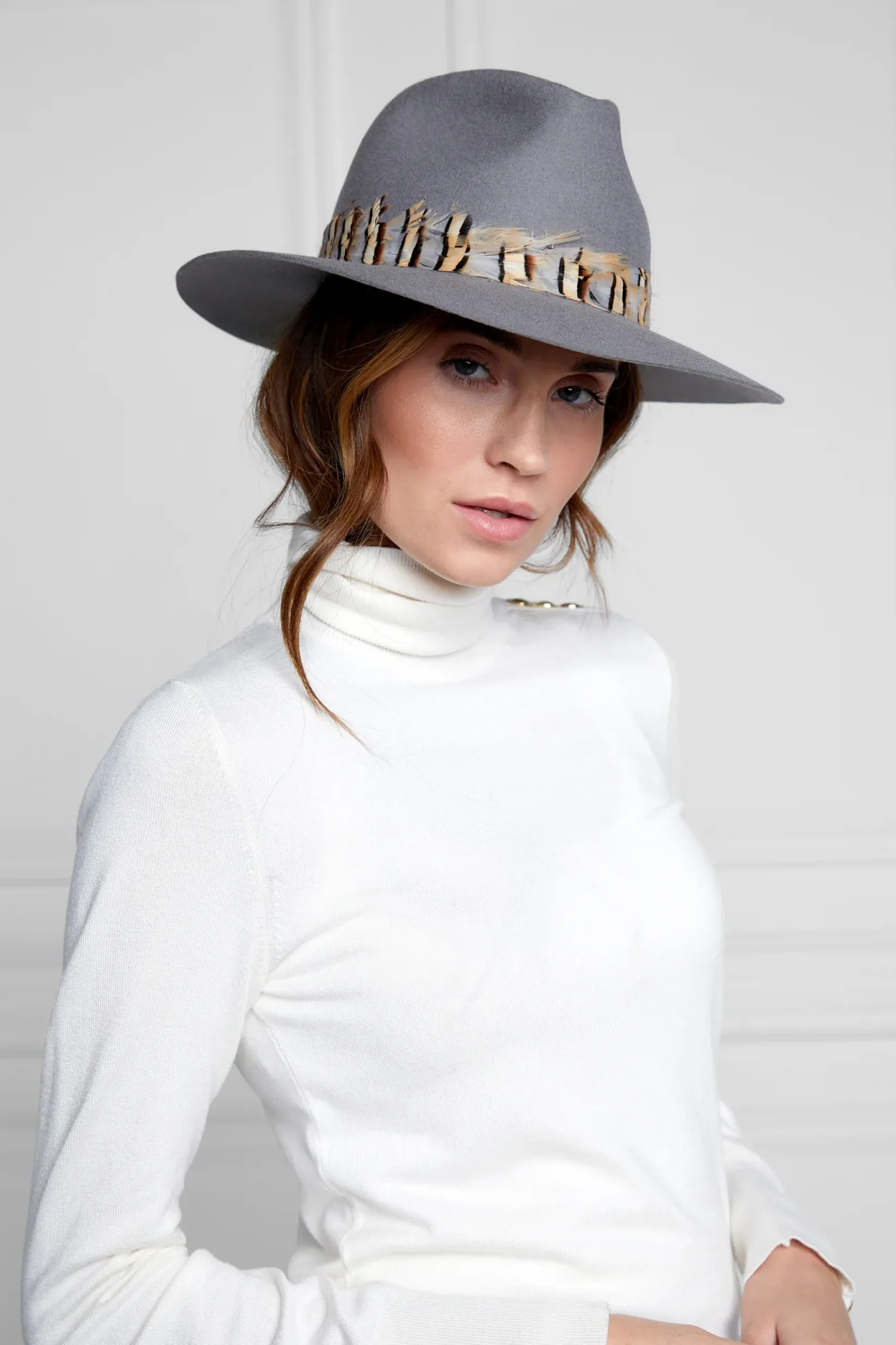 Holland Cooper Hats & Headbands|Hats & Headbands-Trilby Hat Double Feather Band Light Grey