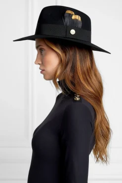 Holland Cooper Hats & Headbands|Hats & Headbands-Trilby Hat Gold Feather Black