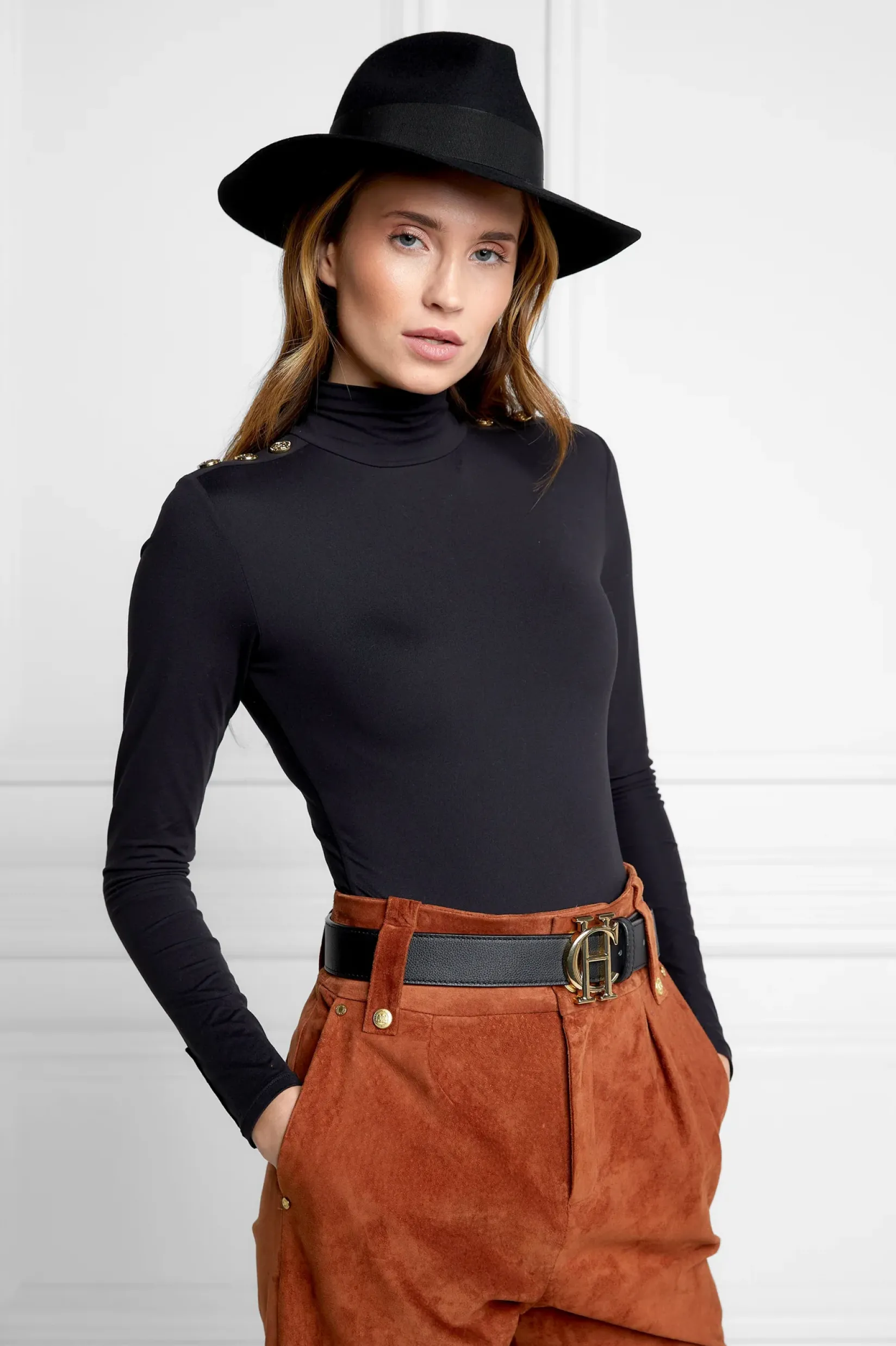 Holland Cooper Hats & Headbands|Hats & Headbands-Trilby Hat Gold Feather Black