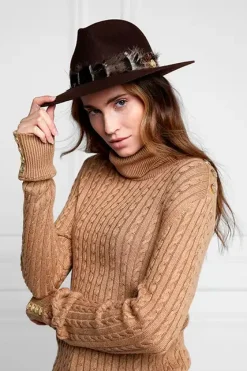 Holland Cooper Hats & Headbands|Hats & Headbands-Trilby Hat Iridescent Feather Band Chocolate