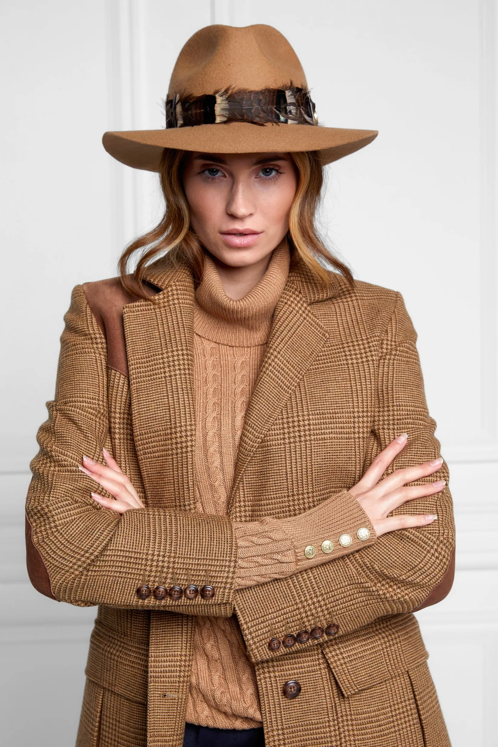 Holland Cooper Hats & Headbands|Hats & Headbands-Trilby Hat Iridescent Feather Band Camel