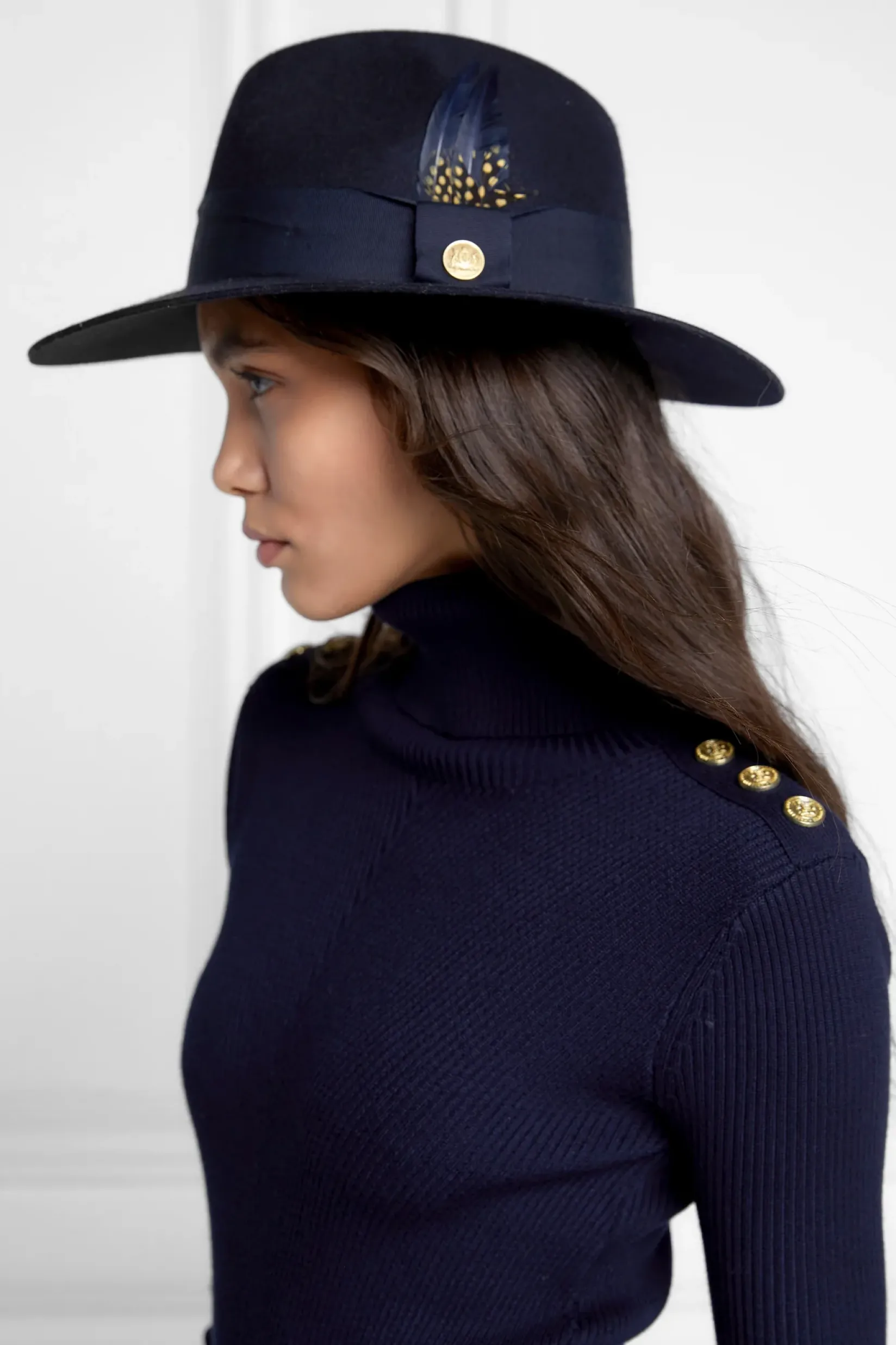 Holland Cooper Hats & Headbands|Hats & Headbands-Trilby Hat Spot Feather Ink Navy